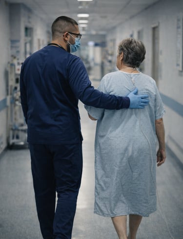 fisioterapia caminhando com uma idosa em um corredor de hospital