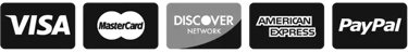 Accepted payment methods including Visa, Mastercard, Discover, American Express, and PayPal logos.