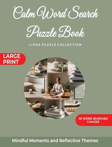Calm Word Search Puzzle Book cover featuring a serene meditation scene with candles and stones.