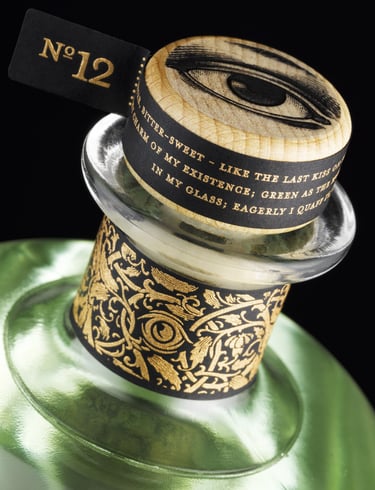 Close up of eye detail on top of green Absinthe bottle