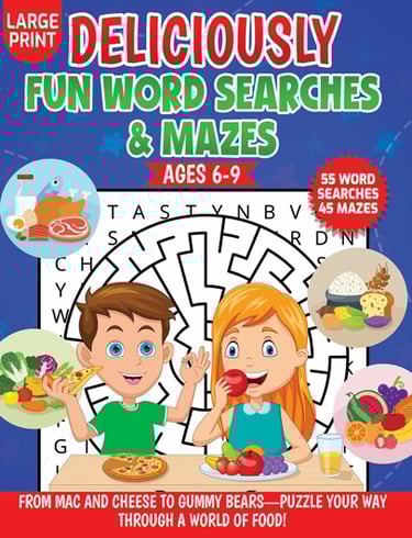 kids word search food mazes ages 6 to 9 deliciously fun large print puzzle book liora onyx cover