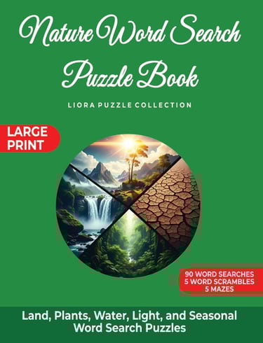 Nature Word Search Puzzle Book cover featuring illustrated landscapes and seasons.