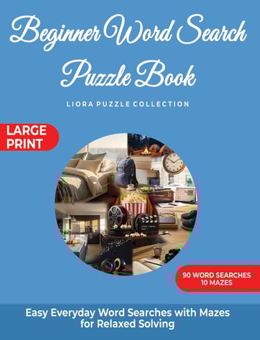 Beginner Word Search Puzzle Book cover featuring illustrated everyday items.