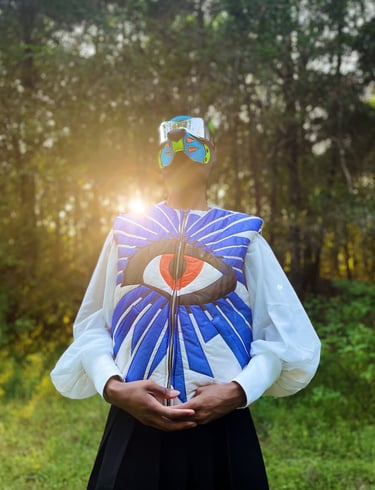 Man in pup mask and embroidered eye jacket posing in sunset.