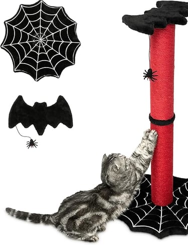 Littlesy 34-inch Gothic Halloween cat scratching post with spider web base, bat top, and spider toy 