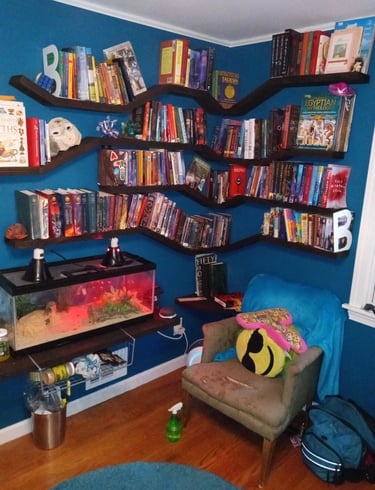 Floating shelves unit with multiple angles, filled with books