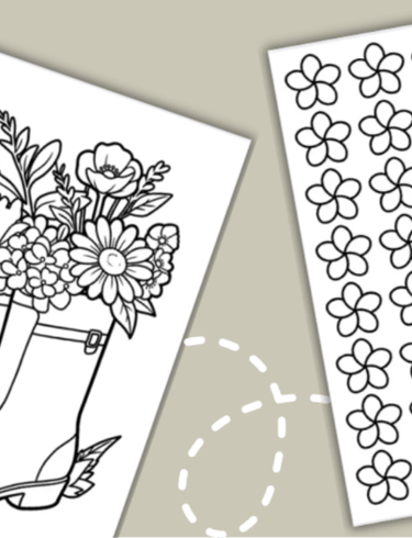 Printable spring coloring pages featuring a garden gnome, floral boots, and a butterfly watering can.
