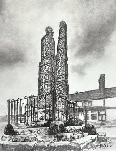 Watercolour of the ancient crosses at Sandbach