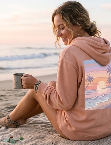 Sudadera rosa con capucha e ilustración de atardecer con palmeras. Ropa estilo surfero mujer.