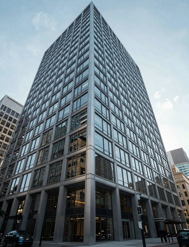 Wide architectural angle of a modern commercial office building in Washington DC, cool-toned daylight, clean lines, glass facade