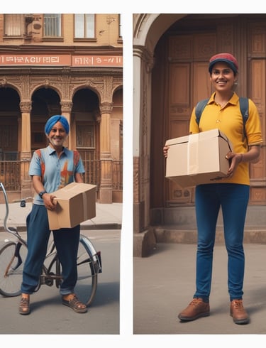 A delivery courier handing over a package to a smiling customer at their doorstep.