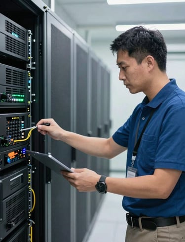 A smiling customer receiving hands-on support from a Techvita technician in a cozy shop setting.