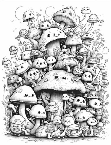 Mushroom Family coloring page detailed adult coloring book