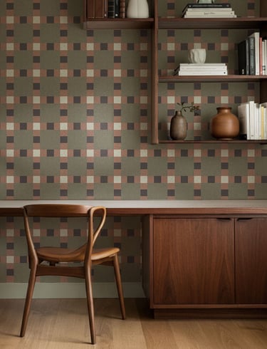 Earthy checkered geometric wallpaper with a mid-century grid pattern in muted greens and browns