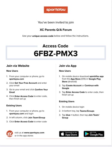 SportsYou access codes for XC Parents Q/A Forum 6FBZ-PMX3