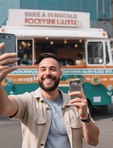 A colorful food truck is parked in an outdoor area. It features vibrant graphics of food items like tacos and burritos, with a cartoon character on the side. The truck is advertising catering services with a phone number displayed. Behind the truck, there's signage for a tire shop, and the background includes a building and leafless trees.