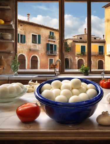 A plate featuring a piece of soft white cheese, possibly mozzarella, garnished with black pepper and accompanied by a chunk of honeycomb. Fresh arugula leaves and slices of red and green tomatoes add color, placed on a white dish against a neutral background.