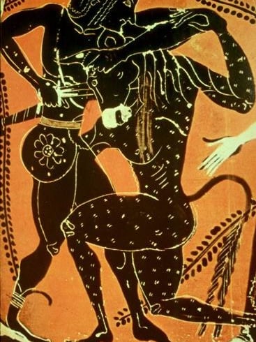 Theseus and the Minotaur on 6th-century black-figure pottery, Public Domain, commons.wikimedia.