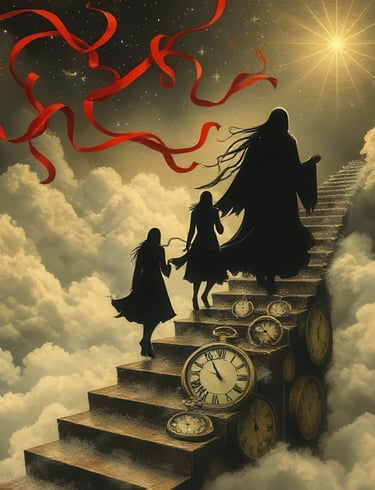 a woman walking up a flight of stairs with a clock
