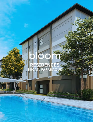 Modern condo building with a swimming pool at Bloom Residences in Sucat, Parañaque.