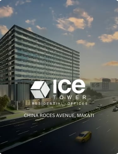Modern ICE Tower residential offices on Chino Roces Avenue in Makati City at sunset.