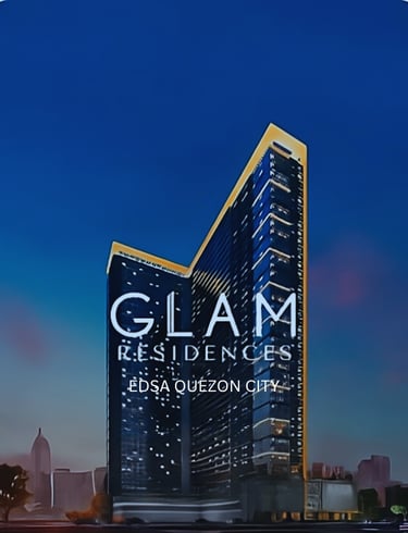 Luxury high-rise exterior of Glam Residences condo along EDSA in Quezon City at night.