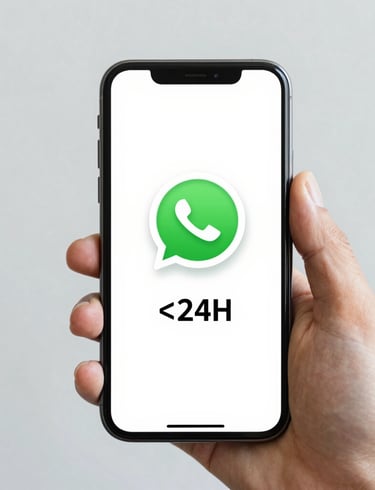Mano sosteniendo un teléfono móvil con un chat de WhatsApp abierto para contactar con Syncro Asesore
