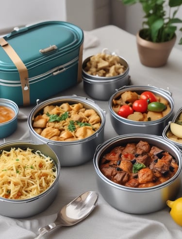 A modern kitchen scene featuring various steel kitchenware items on a countertop