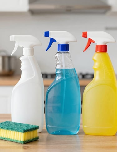 Set of cleaning sprays and cloths in stylish containers on kitchen counter