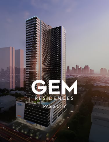 Modern luxury high-rise at Gem Residences in Pasig City featuring a sleek architectural design at sunset.