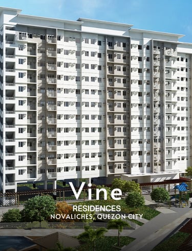 Modern facade of Vine Residences high-rise condominium in Novaliches, Quezon City.