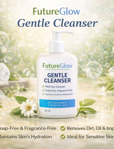 FutureGlow Gentle Cleanser bottle for sensitive skin with ceramides and hyaluronic acid.