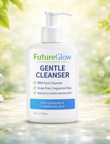 FutureGlow Gentle Face Cleanser bottle with hyaluronic acid for sensitive skin on a natural green background.