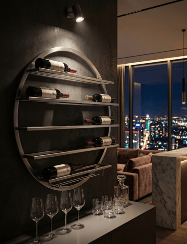 Modern circular wall-mounted wine rack with wine bottles and glasses in a luxury penthouse interior.