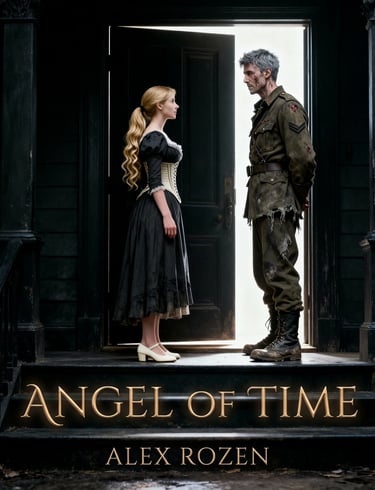 Angel of Time book cover. Woman and man stand before open door.