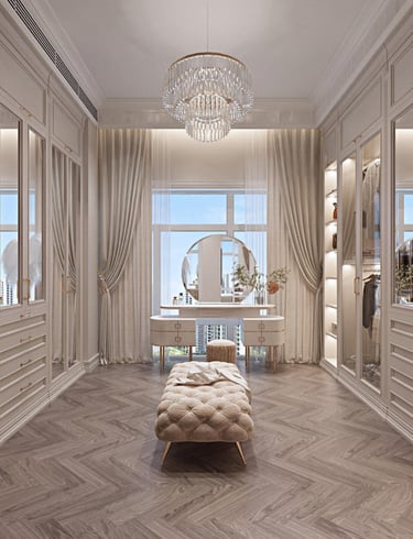 wardrobe design with elegant finishes, custom storage layouts, and tailored proportions