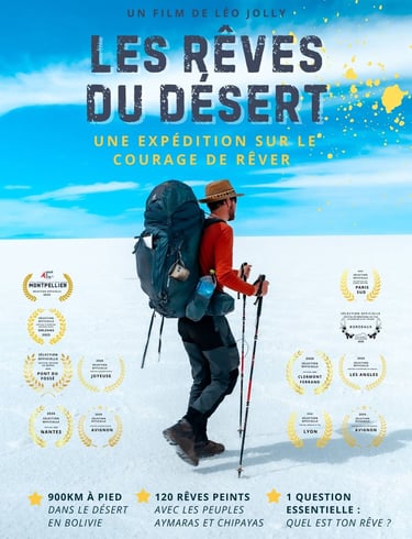 Affiche du film Les Rêves du Désert mettant en scène un randonneur qui traverse le Salar d'Uyuni