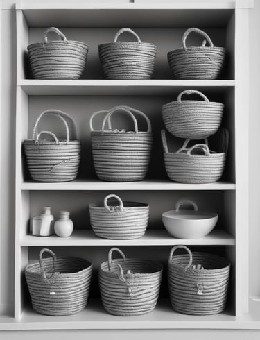 Collection of various handmade jute baskets displayed on shelves