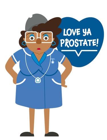 a woman Patty Dumplin in a blue nurses dress with a heart shaped sign and Love Your Ya Prostate