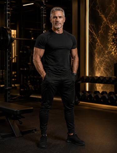 Strong man over 50 standing confidently in a luxury gym representing Ageless Warrior Elite transform