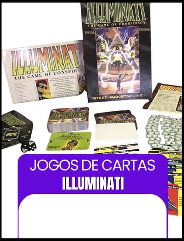 Jogo de cartas illuminati aberto, mostrando o manual de regras, as cartas e as fichas de dinheiro