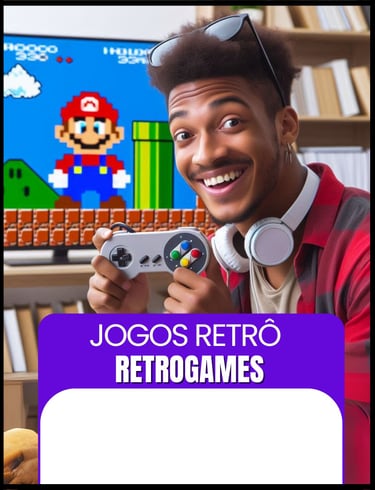 Jogos Retrô retrogames (Jovem homem sorrindo segurando controle e jogo Mario na tela do pc no fundo)