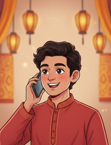 Handsome South Asian man in red kurta talking on smartphone; festive Diwali lanterns in background. 