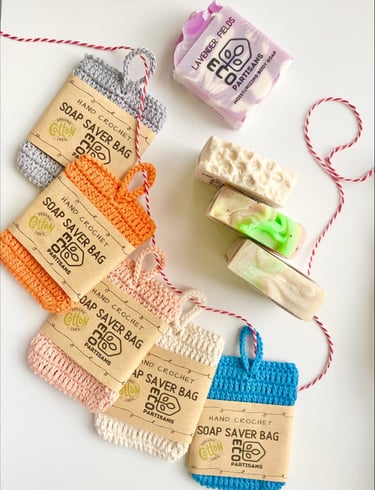 cute sustainable soap saver bag hand made from organic cotton