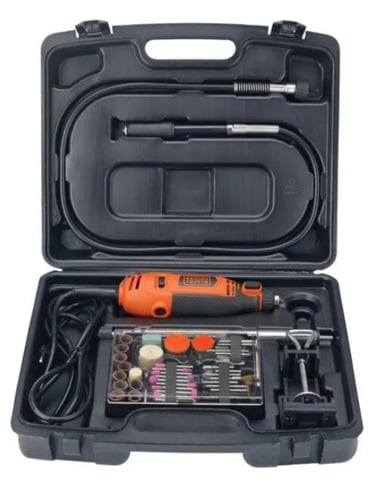 Black and Decker rotary tool kit with accessories and flexible shaft in a black carrying case.