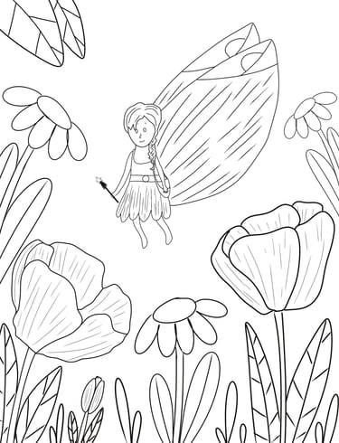 Fairy coloring page for kids featuring a flying Tooth Fairy with a magic wand in a flower garden.