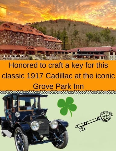 Grove Park Inn 1917 Cadillac with a new key made at the historic Grove Park Inn, crafted by Jack's Locksmith