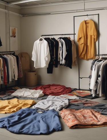 Flat lay of folded oversized t-shirts and hoodies with bold back prints on a light grey background
