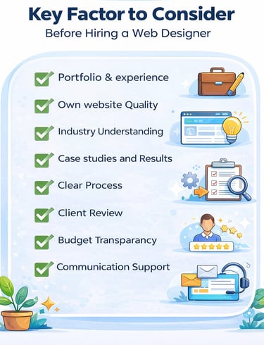 infographic about key factors before hiring a web designer, featuring a checklist of portfolio, expe