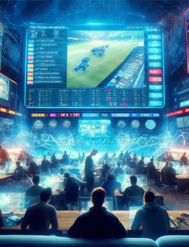 Bustling esports betting center with screens displaying matches and betting odds, people placing bet